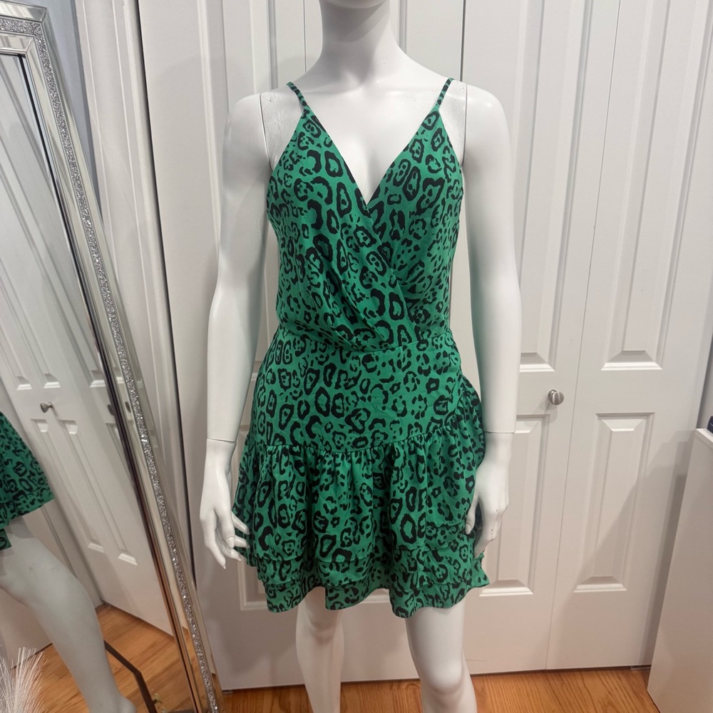 Wayf Green Leopard-Print V-Neck Ruffle Mini Dress